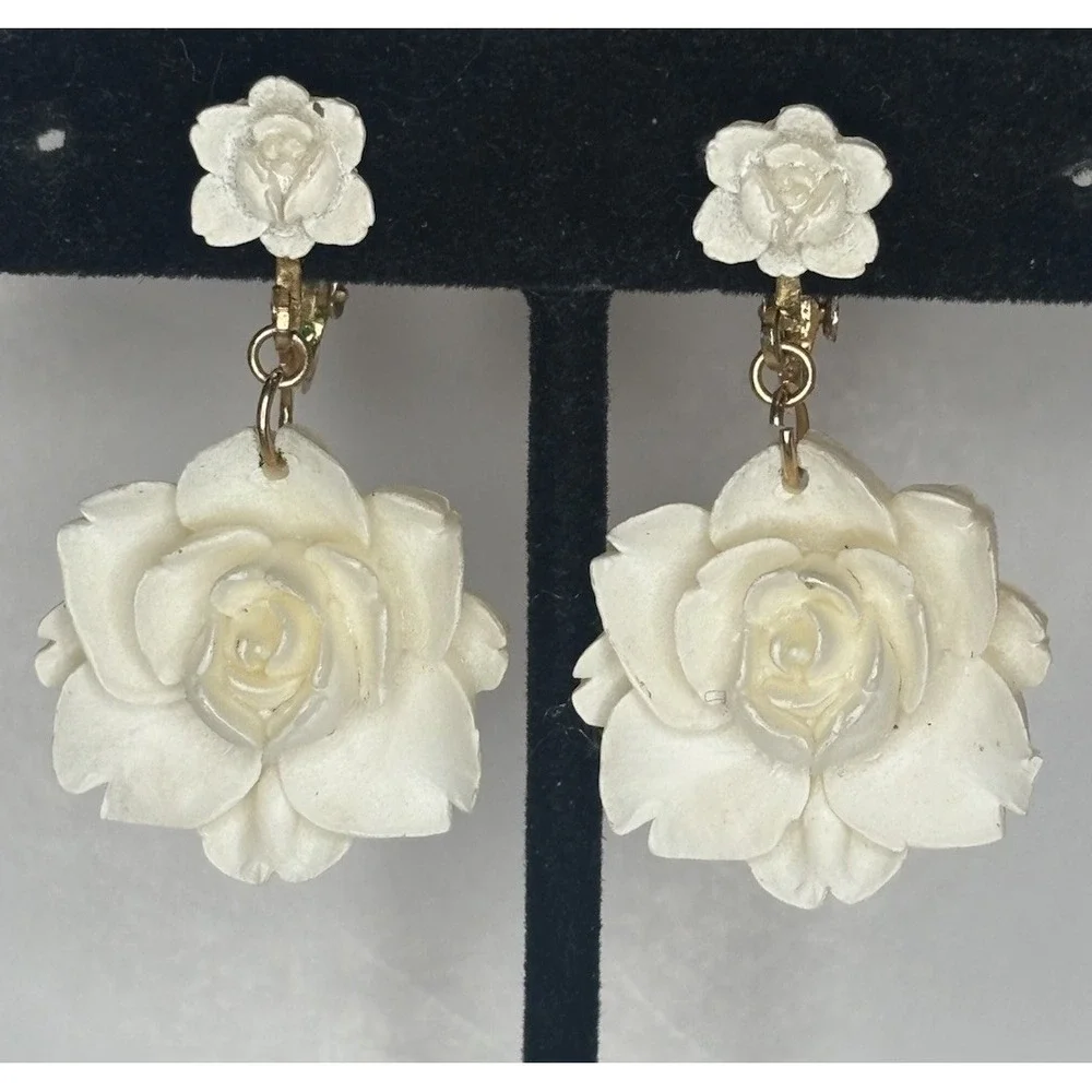 Vintage Hand Carved White Rose Dangle Clip On Earrings Floral Celluloid Resin